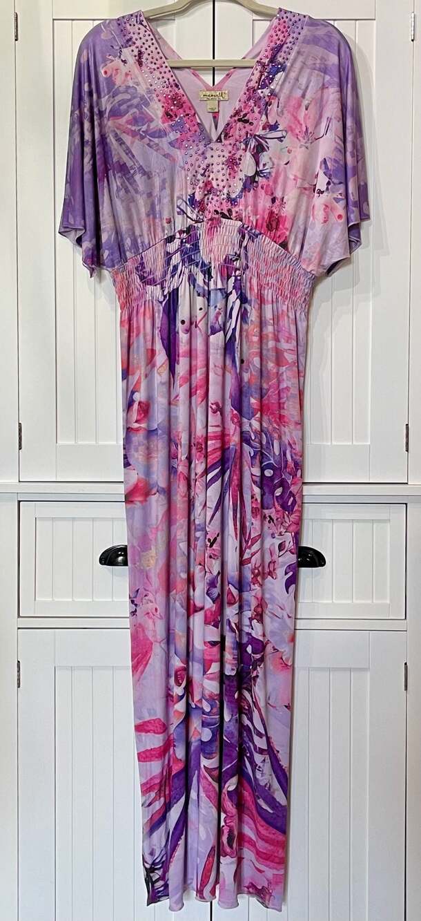One World Women's Floral Embellished V-Neck Maxi Dress Size XL